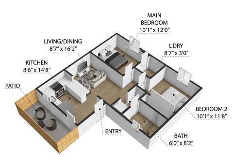 Floor plan for 2 beds, 1 bath, 700 sqft